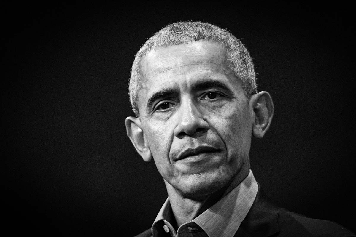 Technical note: This image has been digitally converted to black and white.

Former US President Barack Obama attends the opening ceremony of the ‚Bits and Pretzels‘ startup conference in Munich, Germany, 29 September 2019. The founders festival runs until 1 October.